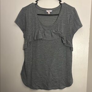 Gray Ruffled Scoop Neck Cap Sleeve T-Shirt